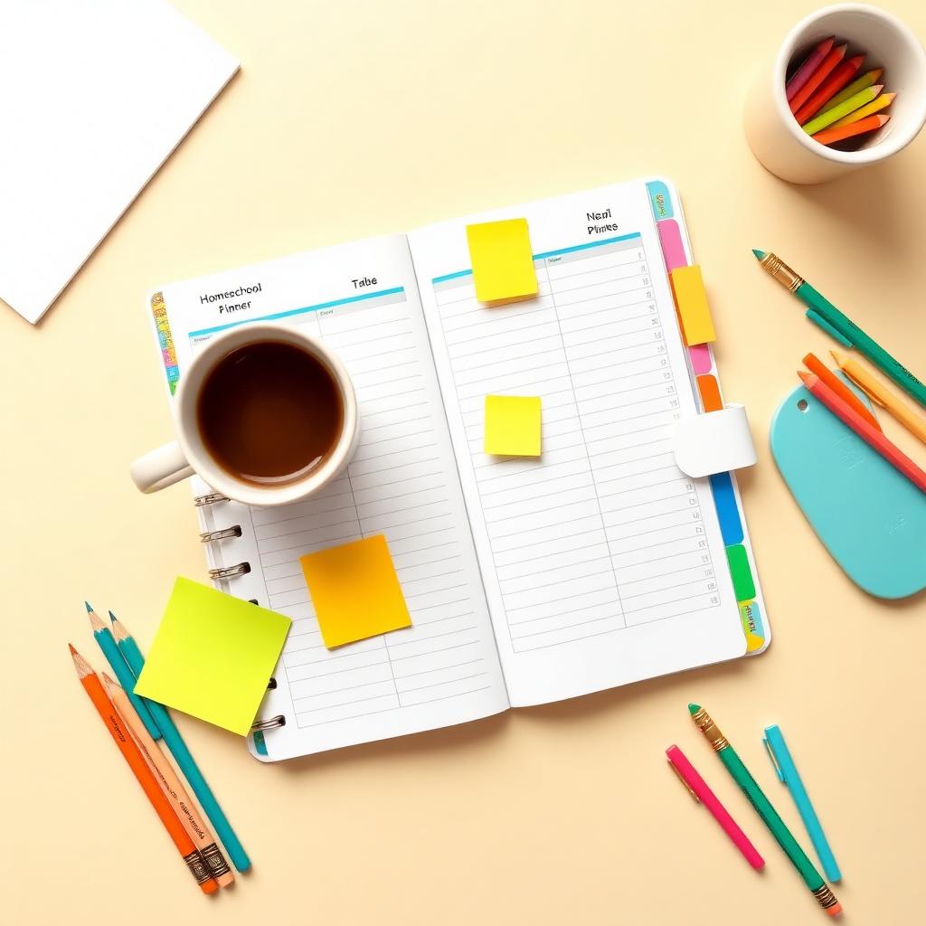 Editable homeschool planner with sticky notes and crayons